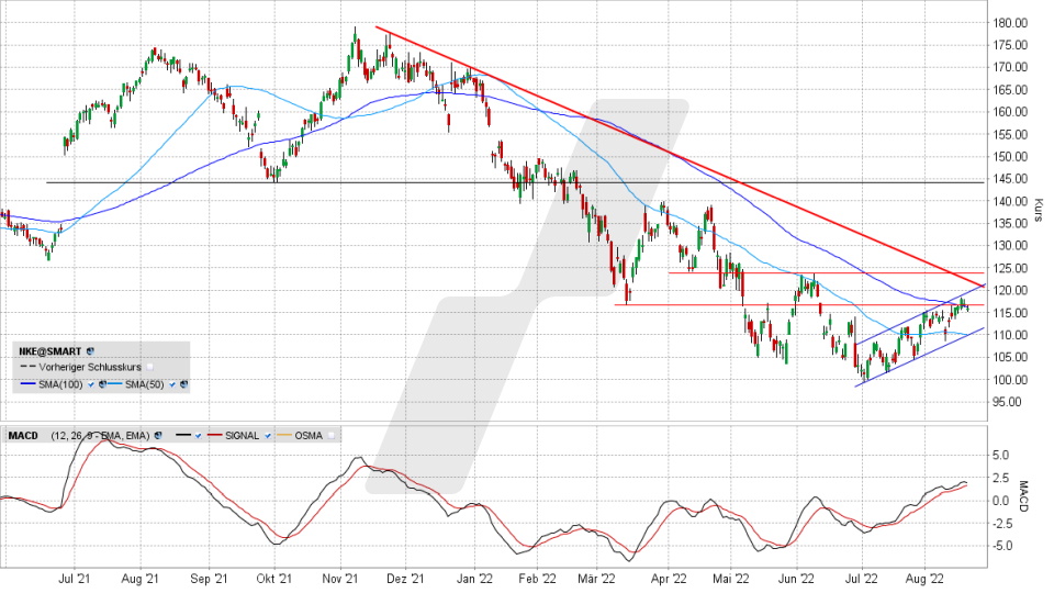 Nike Aktie: Chart vom 18.08.2022, Kurs 116,01 Euro, Kürzel NKE | Online Broker LYNX