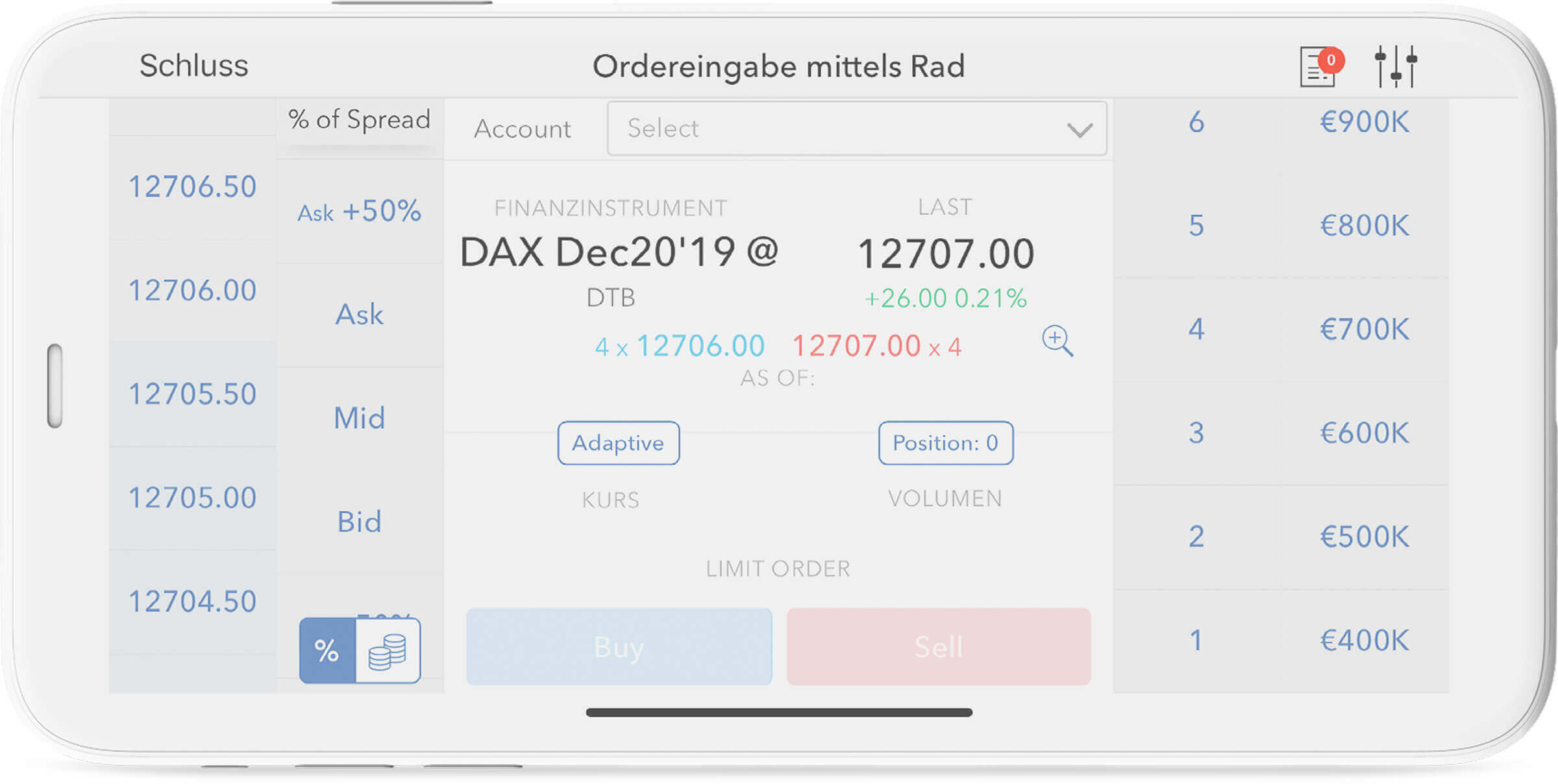 LYNX Trading Apps - mobil mit dem Orderrad die Limitorder festlegen