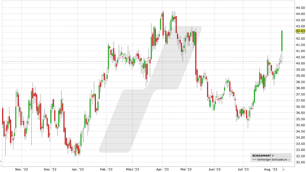 Bechtle Aktie: Chart vom 11.08.2023, Kurs: 42,63 EUR, Kürzel: BC8 | Quelle: TWS | Online Broker LYNX