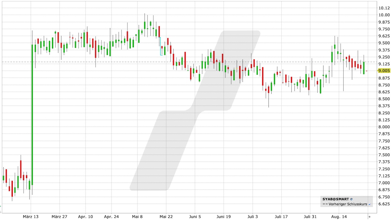 Synlab Aktie: Chart vom 25.08.2023, Kurs: 9,005 EUR, Kürzel: SYAB | Quelle: TWS | Online Broker LYNX Synlab Aktie: Chart vom 25.08.2023, Kurs: 9,005 EUR, Kürzel: SYAB | Quelle: TWS | Online Broker LYNX