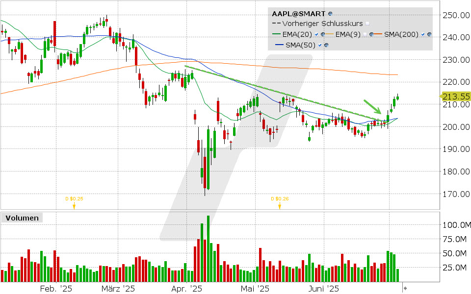 Apple Aktie: Chart vom 03.07.2025, Kurs: 213.55 USD, Kürzel: AAPL | Quelle: TWS | Online Broker LYNX