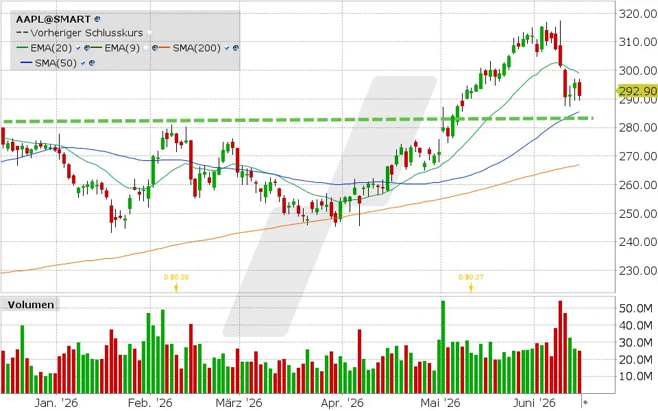 Apple Aktie: Chart vom 12.06.2026, Kurs: 291.13 USD, Kürzel: AAPL | Quelle: TWS | Online Broker LYNX